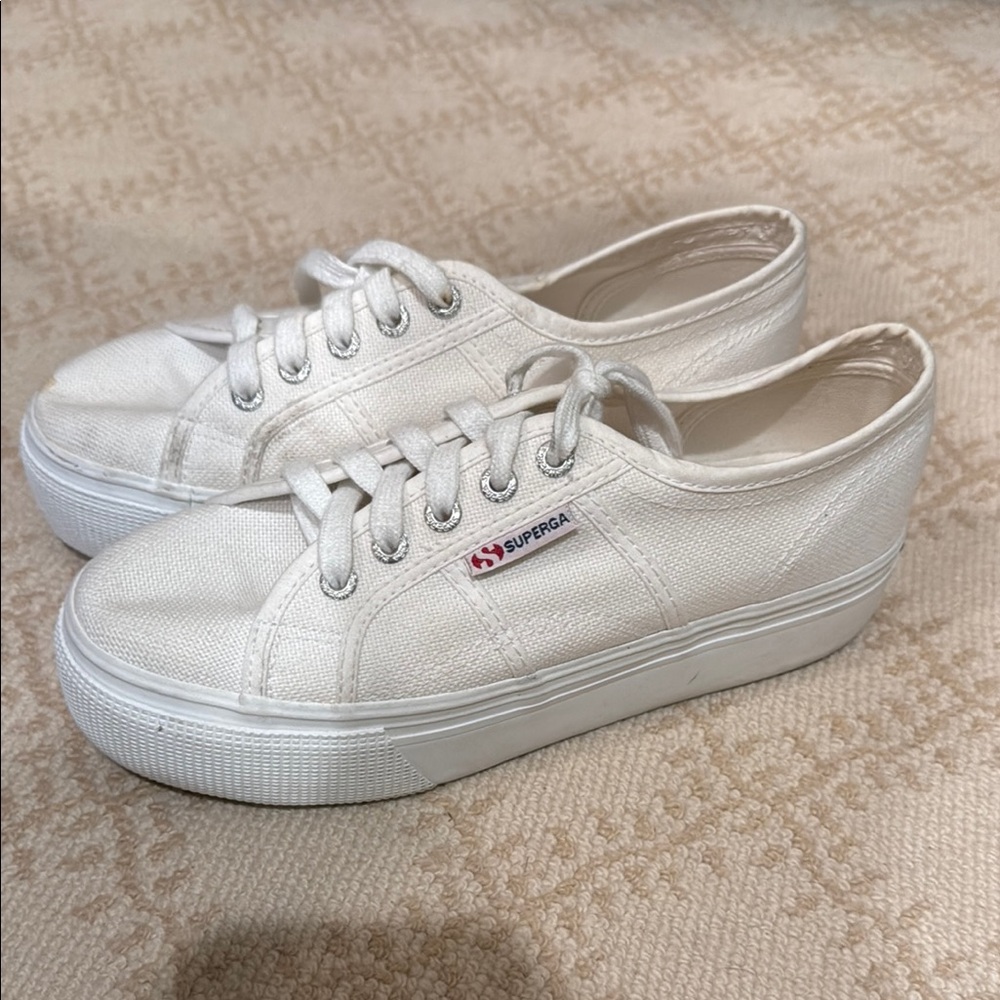 Superga White Canvas Platform Sneakers